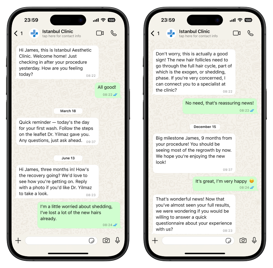 Example WhatsApp aftercare conversation between an Istanbul clinic and a patient over several months post-procedure